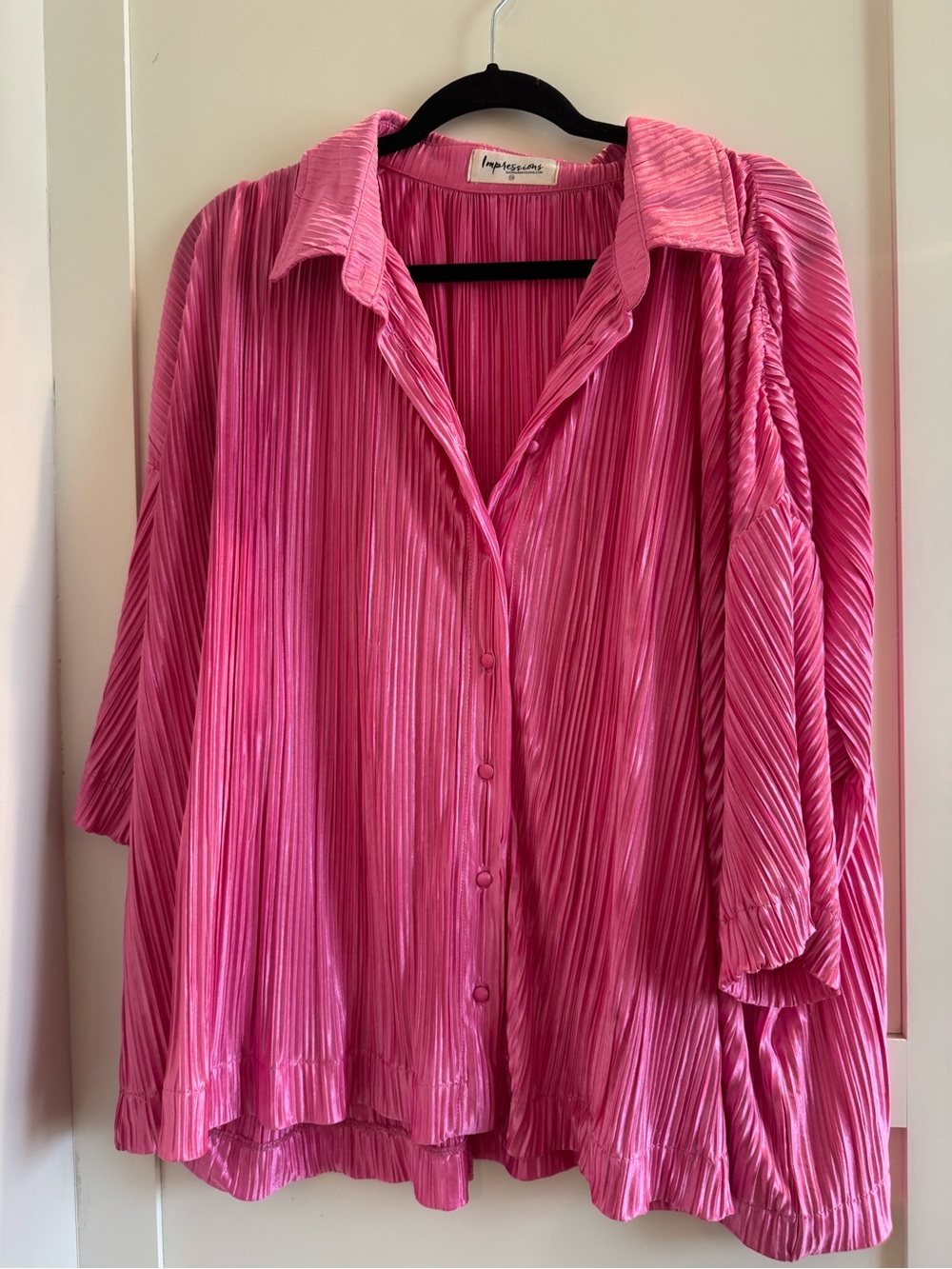 Impressions Hot Pink Pleated Button-Down Blouse